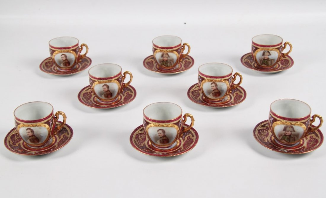 SET OF 8 ROYAL VIENNA NAPOLEONIC CUPS AND SAUCERS: SET OF 8 ROYAL VIENNA NAPOLEONIC CUPS AND SAUCERS