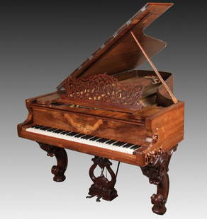 STEINWAY & SONS 7'2" GRAND PIANO: STEINWAY & SONS 7'2" GRAND PIANO HAVING BOLD ANCANTHUS AND SCROLL CARVED LEGS WITH OPEN FRETWORK SHEET MUSIC STAND HAVING ADDITIONAL AUTOPLAY MECHANISM; PATENT NEW YORK, LONDON, HAMBURG; 39"H X 55"W X