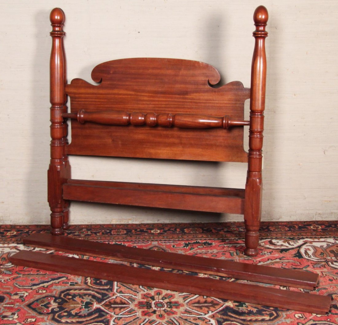 AMERICAN MAHOGANY TURNED BED: AMERICAN MAHOGANY TURNED BED WITH PINEAPPLE TOPS; 61"H X 56"W X 94"