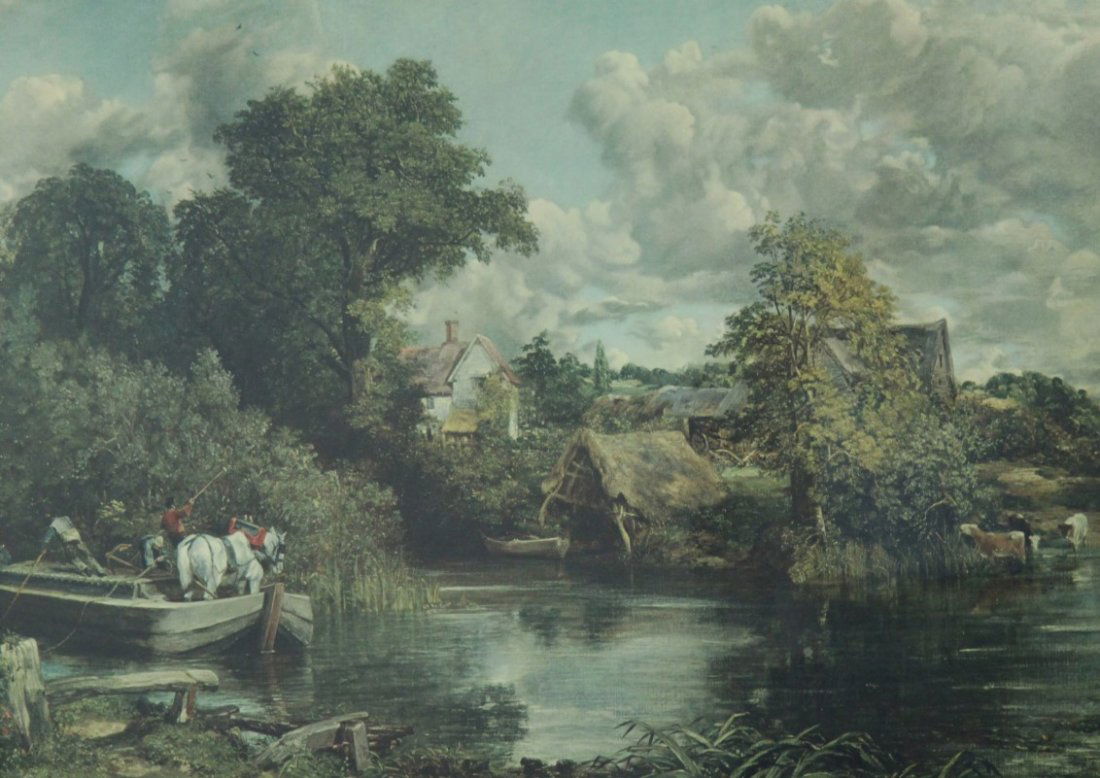 FRAMED COLOR ENHANCED PRINT AFTER JOHN CONSTABLE: COLOR ENHANCED PRINT OF "THE WHITE HORSE" AFTER JOHN CONSTABLE IN RICH SOLID WALNUT AND BURL FRAME; 29"H X 38"W