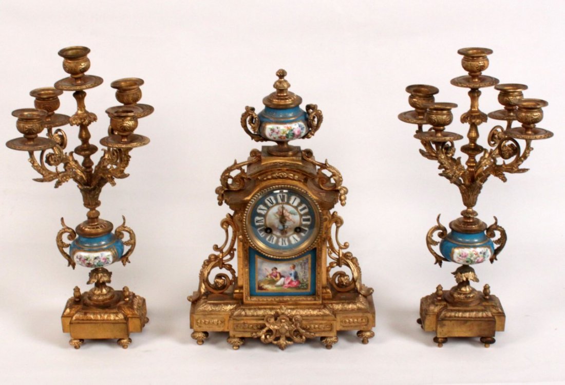 3 PIECE SEVRES ROBIN EGG BLUE AND BRONZE MOUNTED CLOCK (1 of 1)
