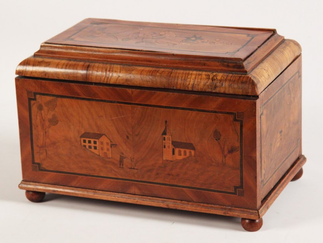 CONTINENTAL INLAID EXOTIC WOOD HINGED BOX: CONTINENTAL INLAID EXOTIC WOOD HINGED BOX WITH FITTED SECRET COMPARTMENTS; 9"H X 13"W X 8"D