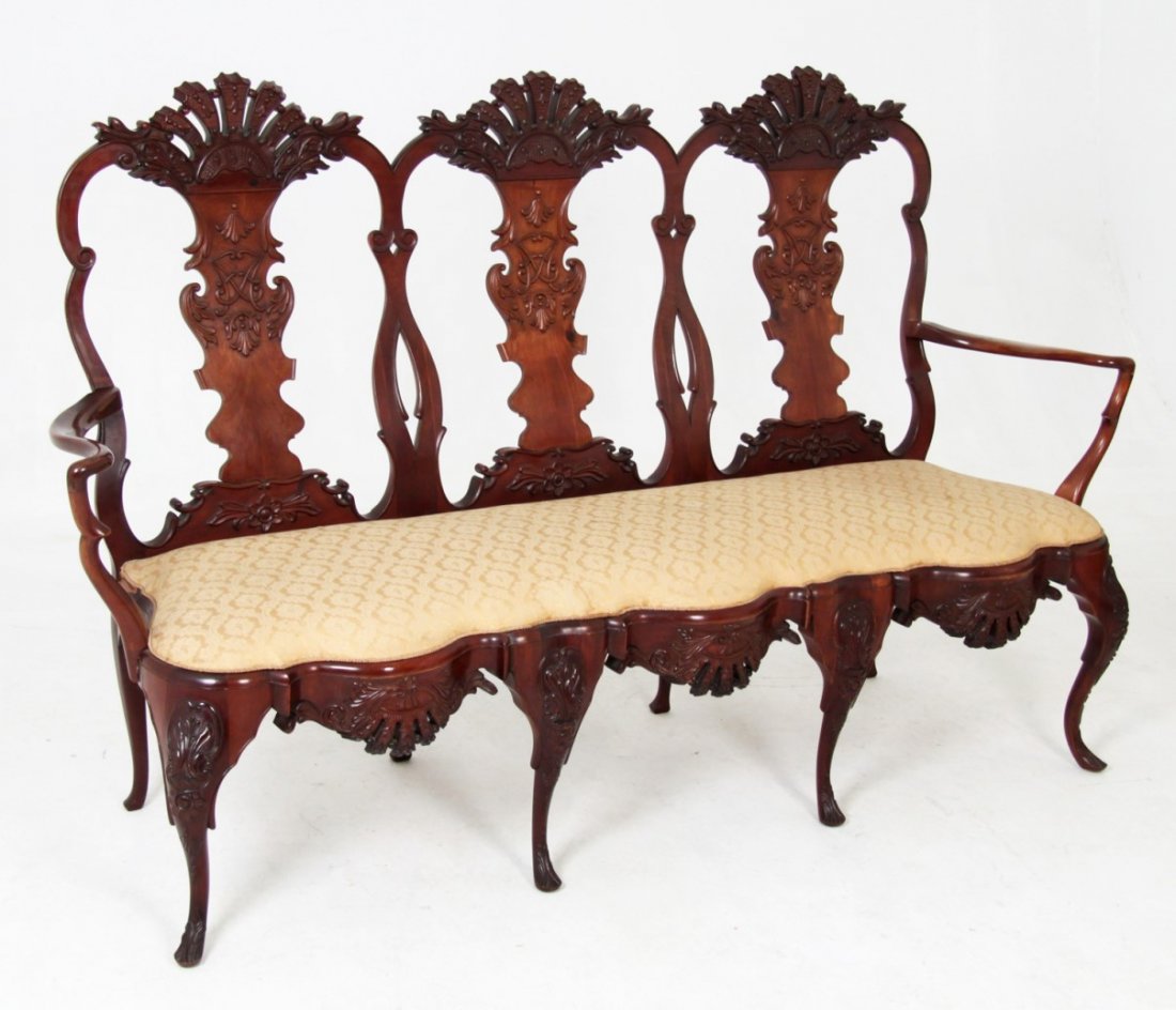 QUEEN ANNE STYLE CARVED MAHOGANY TRIPLE BACK SETTEE (1 of 3)