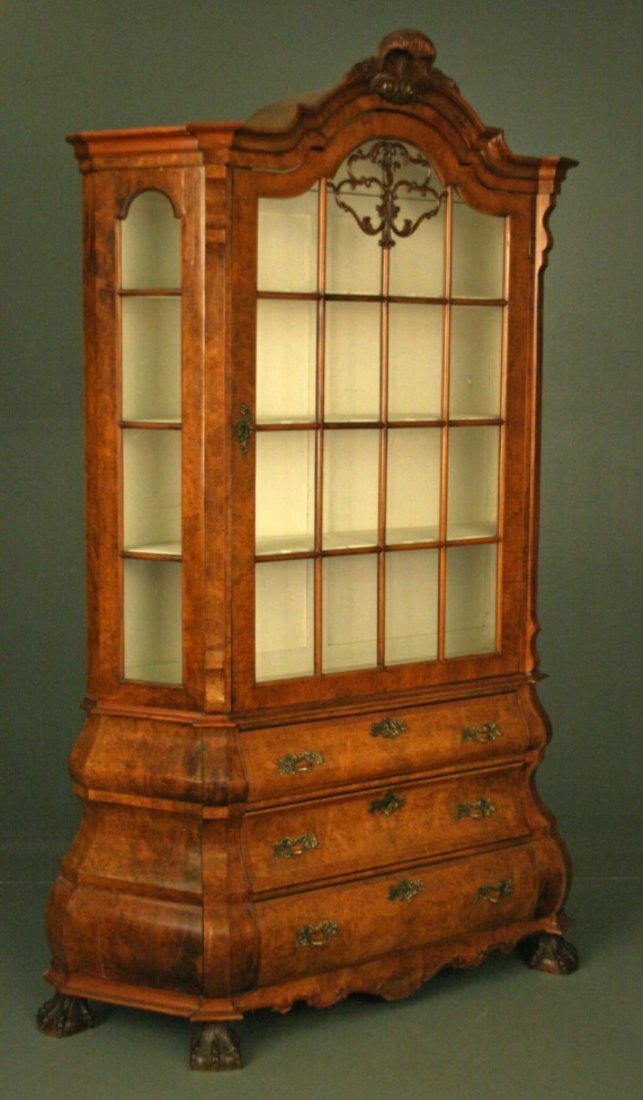 DUTCH BURL WALNUT BOMBE DISPLAY CABINET (1 of 1)