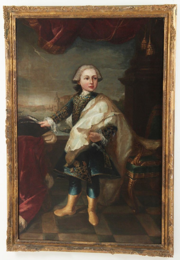 18TH C. OIL ON CANVAS PAINTING OF YOUNG SEAMAN: FRAMED 18TH C. OIL ON CANVAS PAINTING OF WELL COSTUMED YOUNG SEAMAN ON BALCONY HAVING VENICE IN BACKGROUND; 59"H X 38"W IMAGE, 68"H X 44"W OVERALL