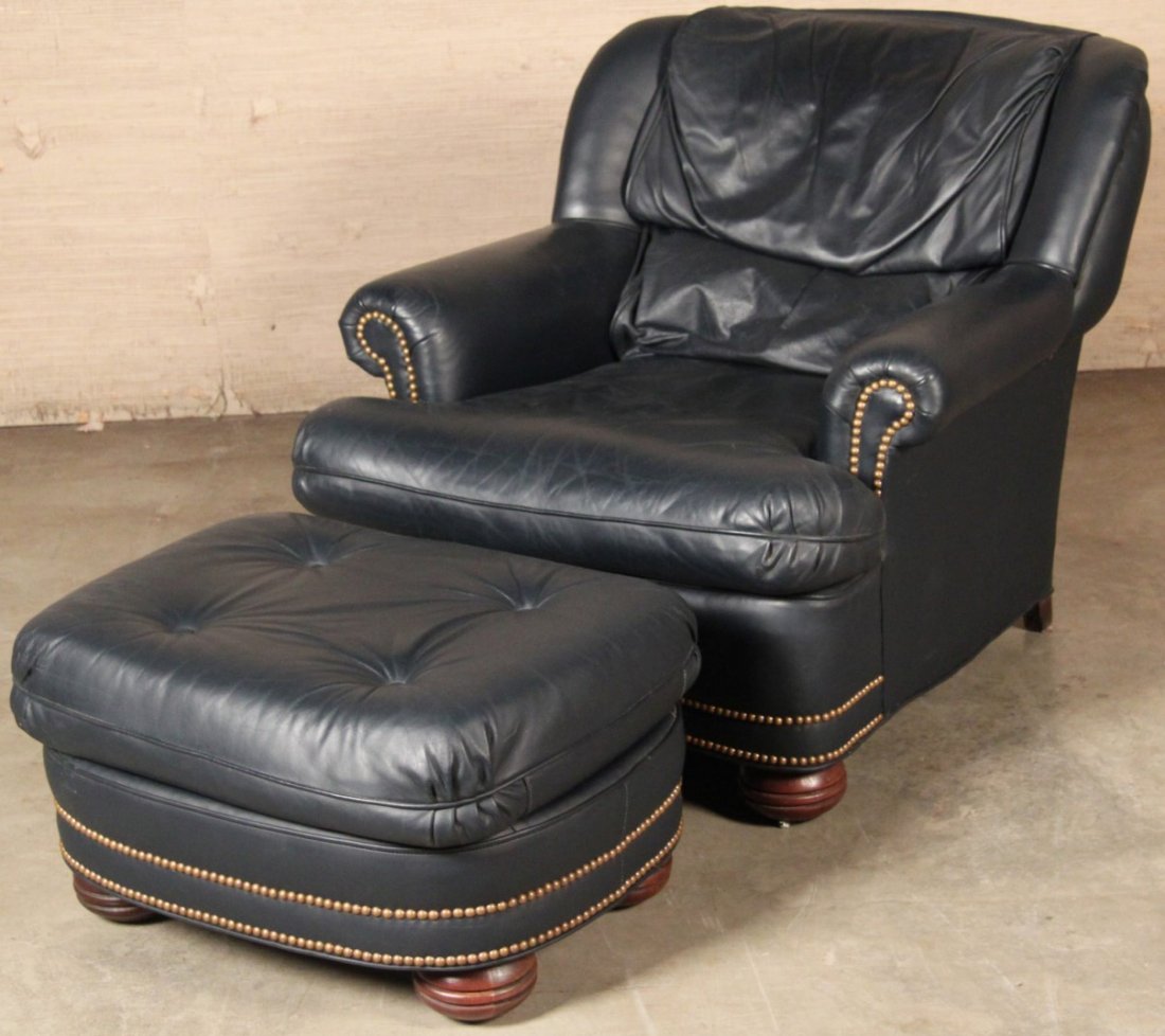 NAVY BLUE LEATHER WING CHAIR AND MATCHING OTTOMAN (1 of 2)