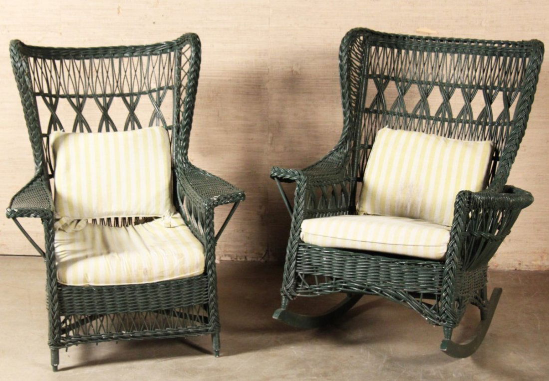 PAIR OF GREEN WICKER WING CHAIRS (1 of 1)