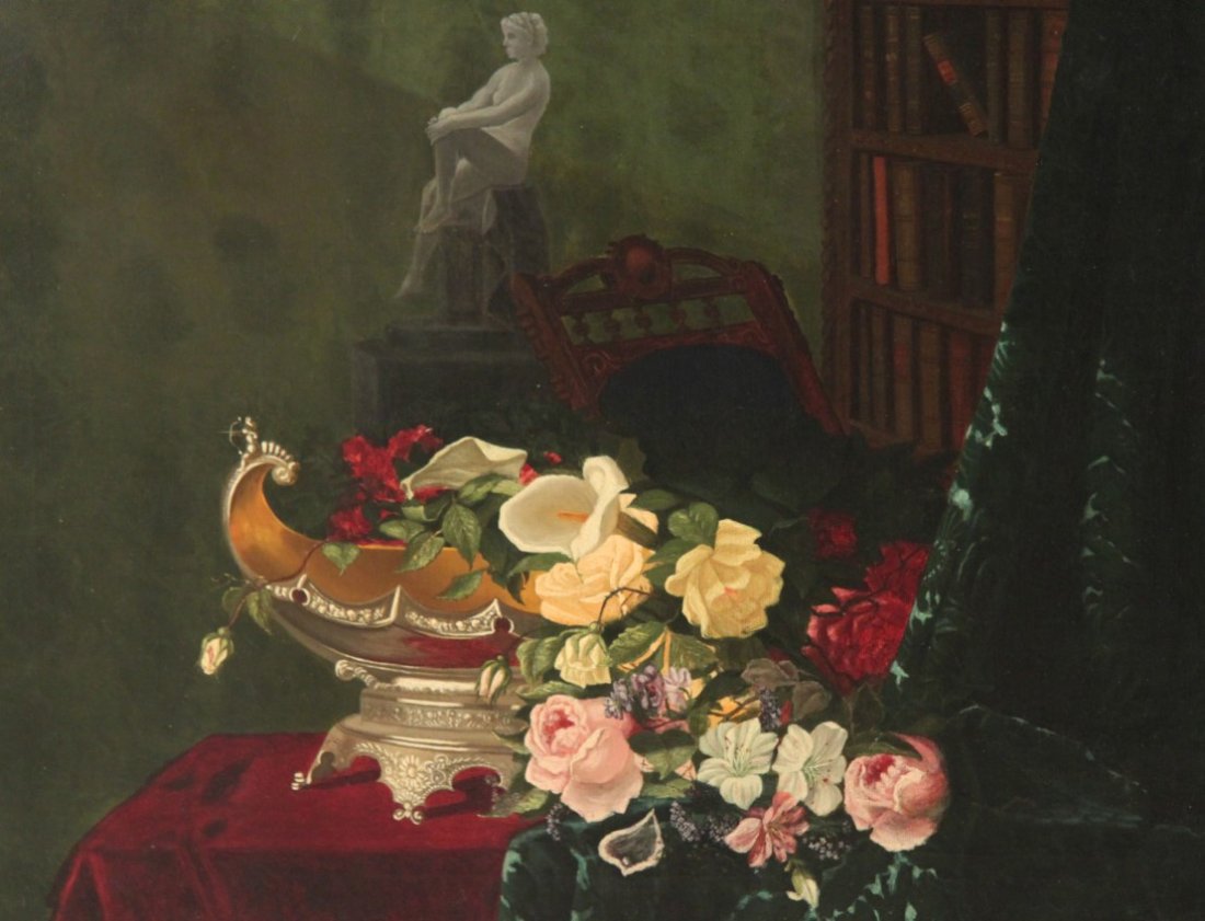 19TH C. OIL ON CANVAS STILLIFE PAINTING: 19TH C. OIL ON CANVAS STILLIFE PAINTING HAVING CENTER PIECE ON TABLE WITH FLOWERS; 23"H X 30.5"W IMAGE, 30"H X 37.5"W OVERALL