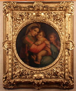 19TH C. OIL ON CANVAS PAINTING TITLED "MADONNA DELLA: 19TH C. OIL ON CANVAS PAINTING TITLED "MADONNA DELLA SEGGIOLA" AFTER THE ORIGINAL BY RAPHAEL IN A FANCY ORNATE FLORENTINE GOLD GILT FRAME; 57"H X 47"W