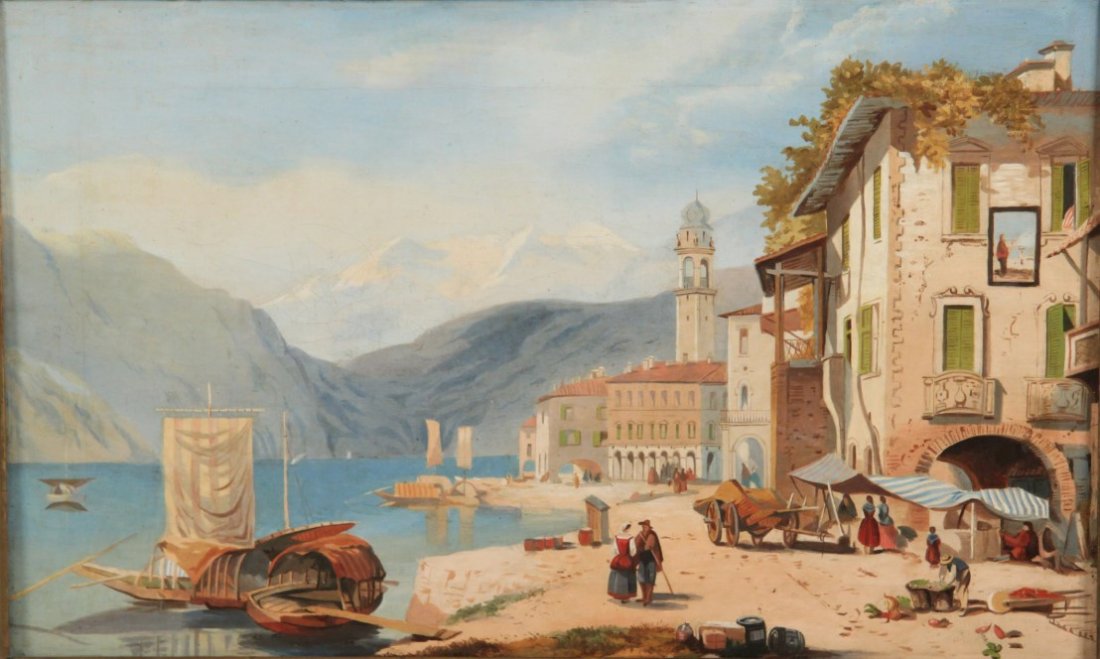 FRAMED 19TH C. OIL ON CANVAS MEDITERRANEAN SCENE: FRAMED 19TH C. OIL ON CANVAS MEDITERRANEAN SCENE PAINTING HAVING FIGURES ALONG PROMENADE; 11.5"H X 19"W IMAGE, 16"h X 23.5"W OVERALL