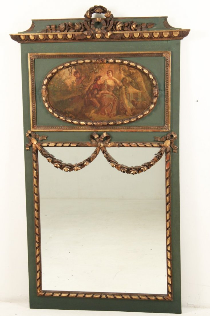 FRENCH POLYCHROME AND CARVED GOLD GILT TRUMEAU MIRROR (1 of 3)