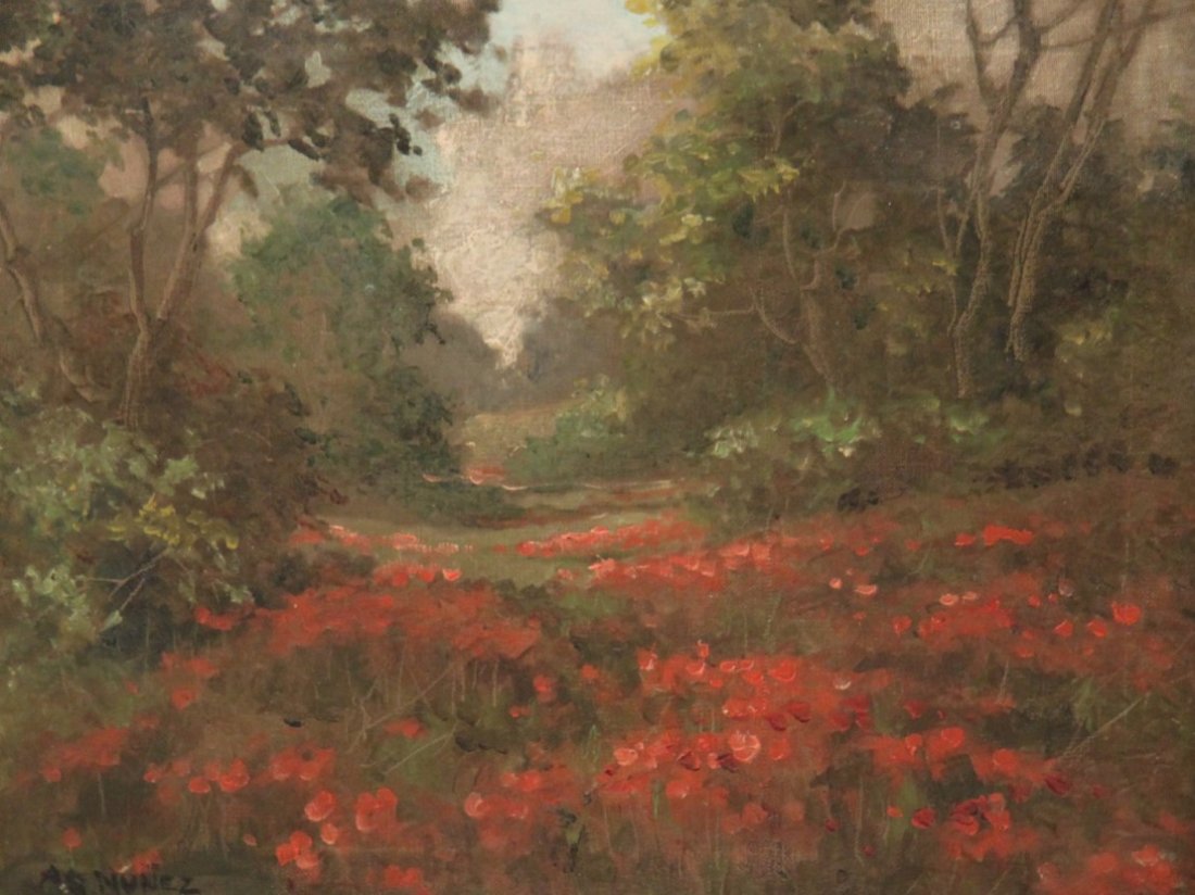 FRAMED OIL ON CANVAS LANDSCAPE PAINTING: FRAMED OIL ON CANVAS LANDSCAPE PAINTING HAVING A MEADOW OF RED POPPIES SIGNED LOWER LEFT A.G. NUNEZ; 20.5"H X 24.5"W OVERALL