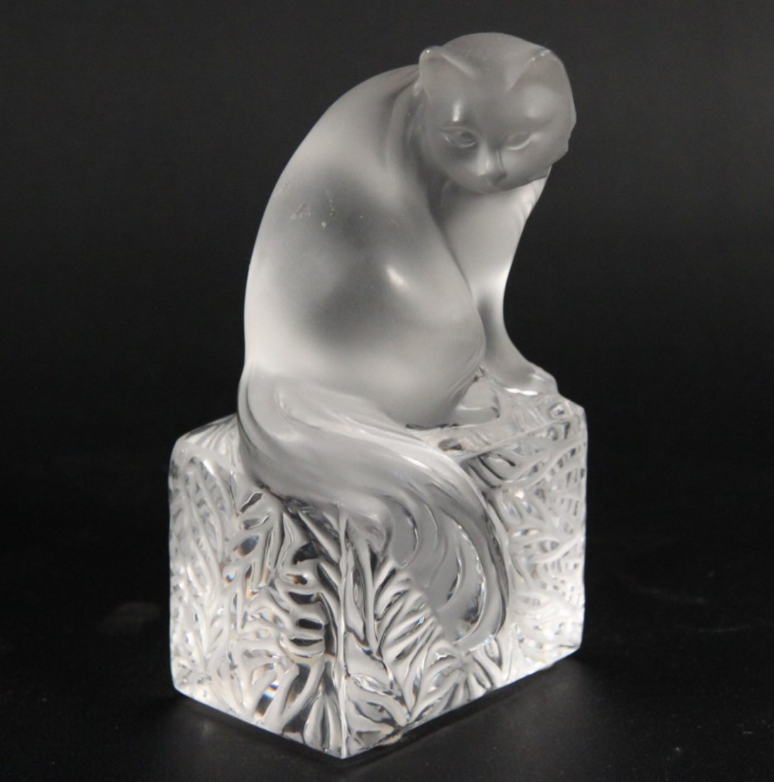 LALIQUE SCULPTURE OF A CAT ON STYLIZED ROCK STAND (1 of 2)