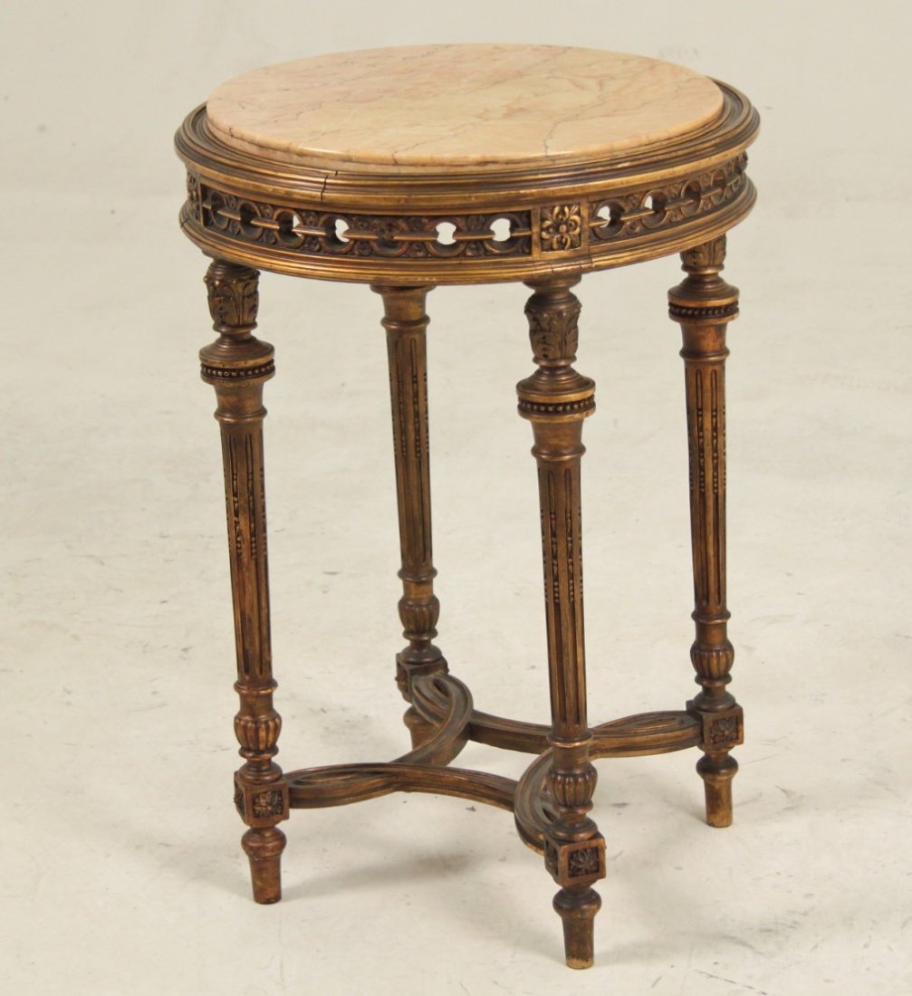 LOUIS XVI STYLE CARVED GILTWOOD MARBLE TOP STAND: LOUIS XVI STYLE CARVED GILTWOOD MARBLE TOP STAND WITH CROSS STRETCHER; 31"H X 21"W X 21"D