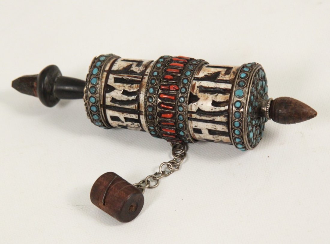 TIBETAN SILVER PRAYER WHEEL WITH PAPYRUS SCROLL (1 of 4)