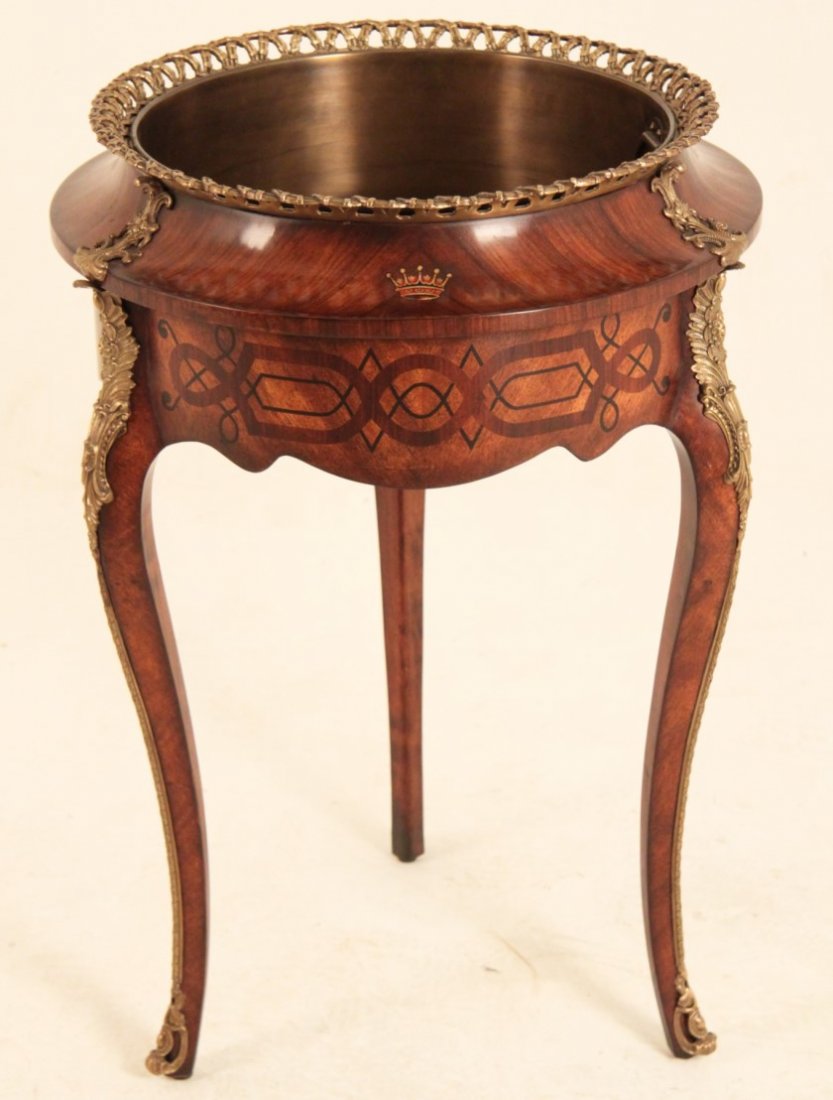 LOUIS XV STYLE BRONZE MOUNTED MARQUETRY INLAID: LOUIS XV STYLE BRONZE MOUNTED KINGWOOD AND MARQUETRY INLAID JARDINIERE WITH OPEN WORK GALLERY AND BRASS LINER; 32"H X 22"W