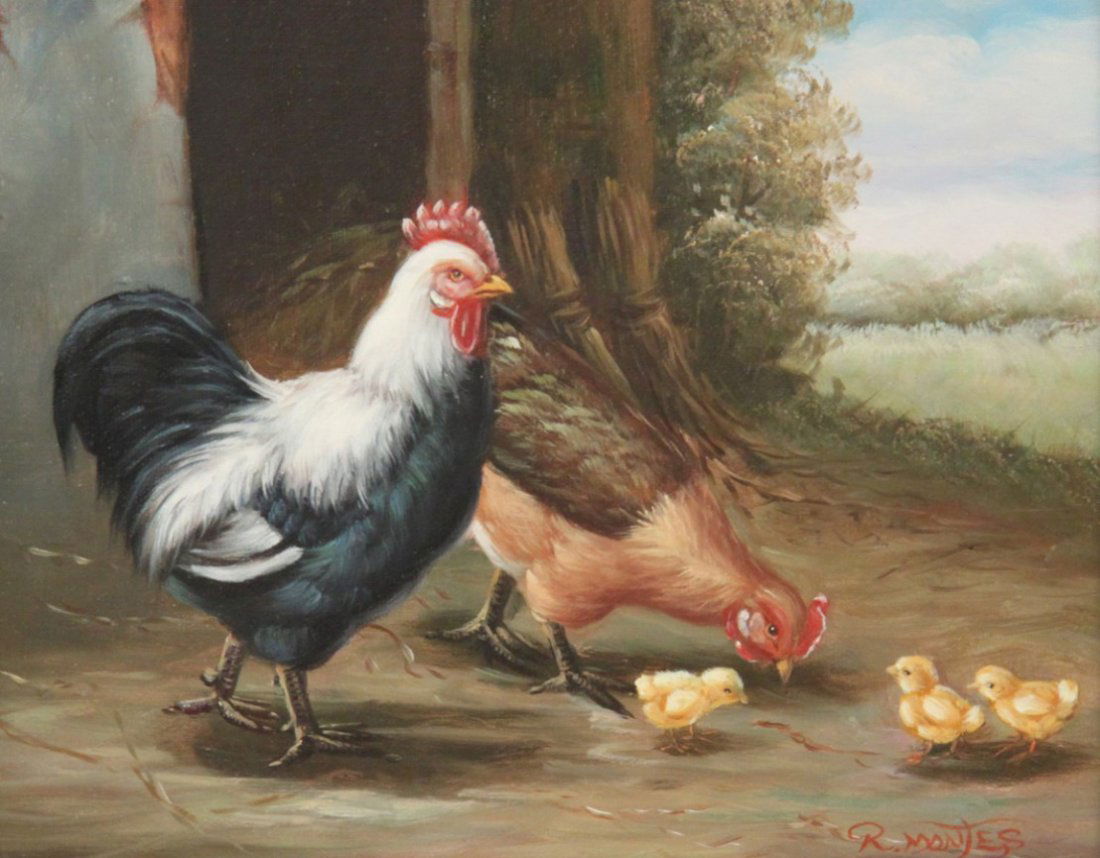 R. MANTES, OIL ON CANVAS BOARD OF ROOSTER, HEN AND (1 of 3)