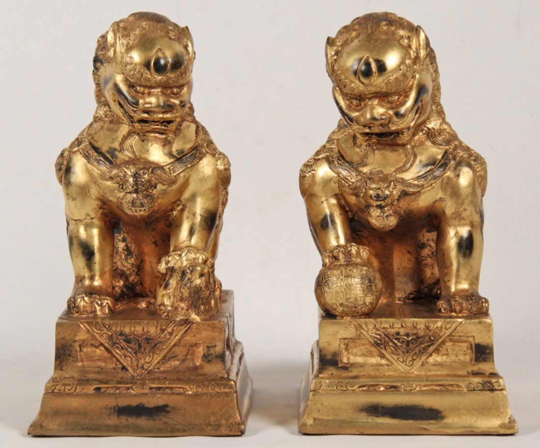 PAIR OF ORIENTAL GILT BRONZE FOO DOGS (1 of 2)