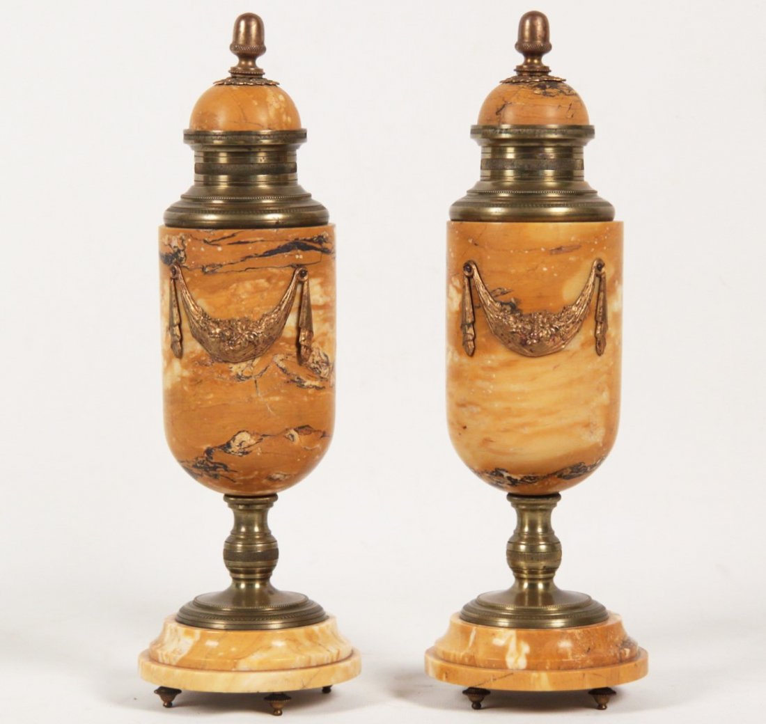 PAIR OF FRENCH CLASSICAL DESIGNED MARBLE COUPS: PAIR OF FRENCH CLASSICAL DESIGNED MARBLE COUPS WITH FLOWER AND DRAPE GILT BRONZE DECORATION HAVING ACORN MOUNTED FINIAL, LATE 19TH C.; 14.25"H