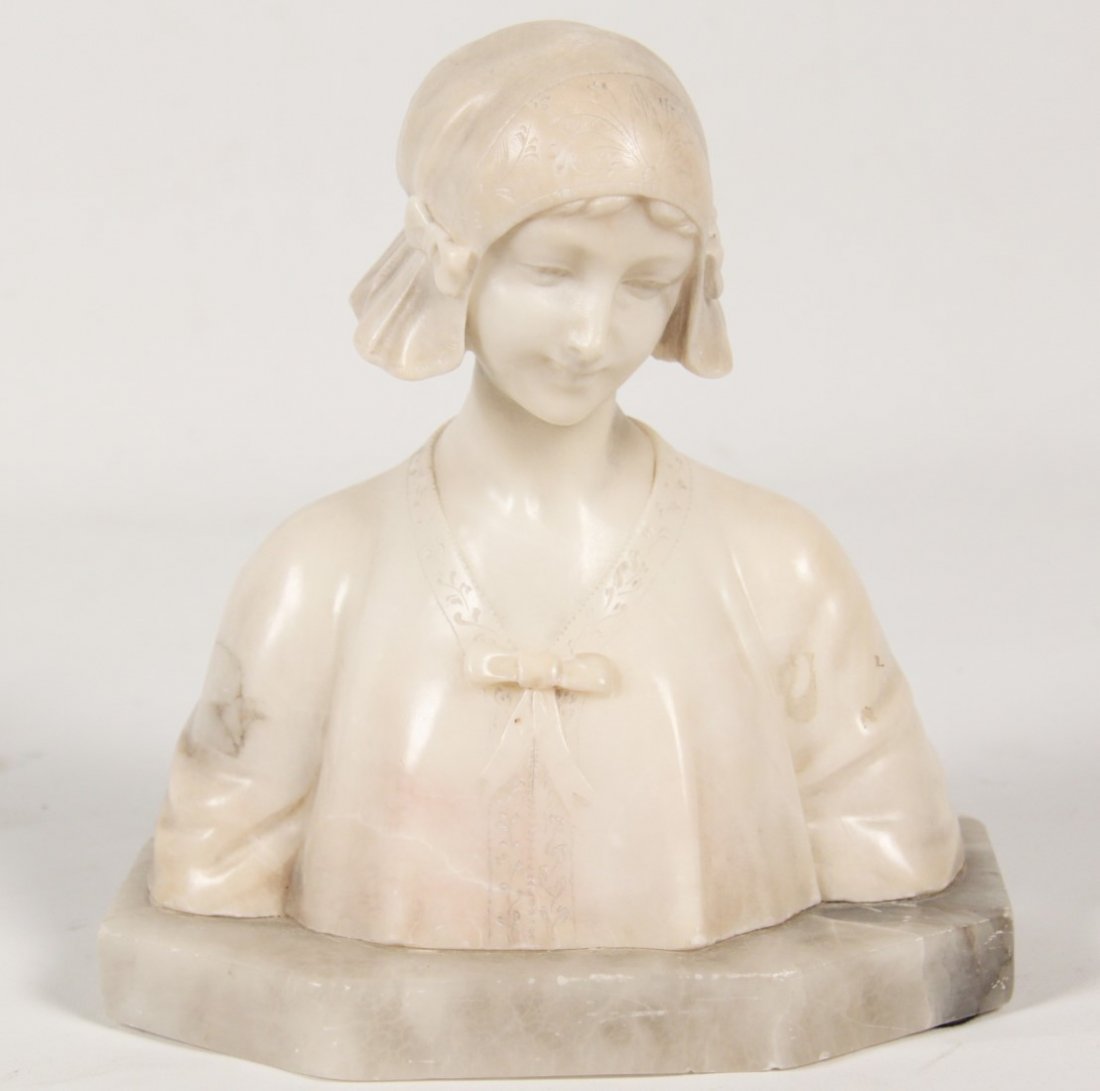 ALABASTER BUST OF YOUNG GIRL: ALABASTER BUST OF YOUNG GIRL; 10"H X 9"W X 3.5"D