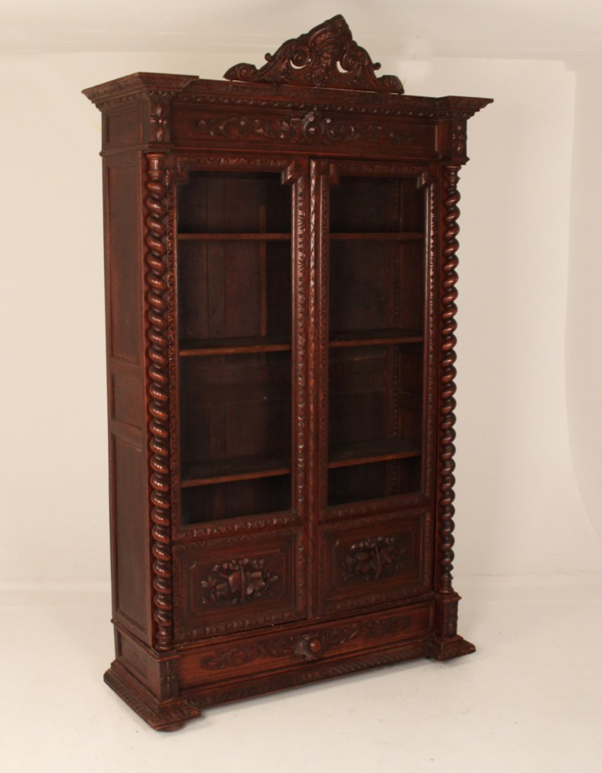 EUROPEAN CARVED OAK 2 DOOR BOOKCASE (1 of 3)