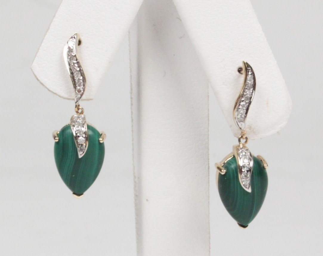 PAIR OF 14K MALACHITE AND DIAMOND EARRINGS (1 of 1)