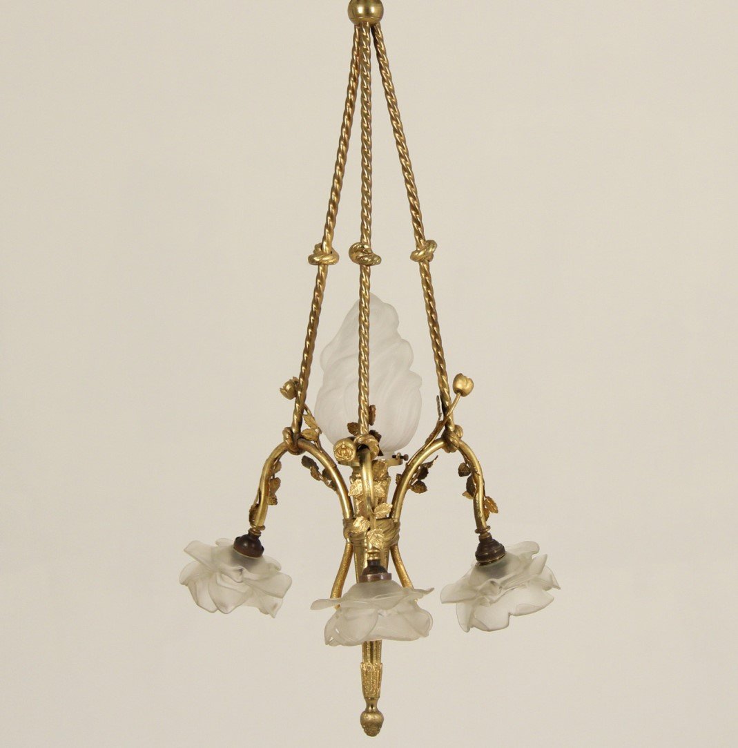 FRENCH  BRONZE AND GILT METAL 4 LIGHT CHANDELIER (1 of 2)