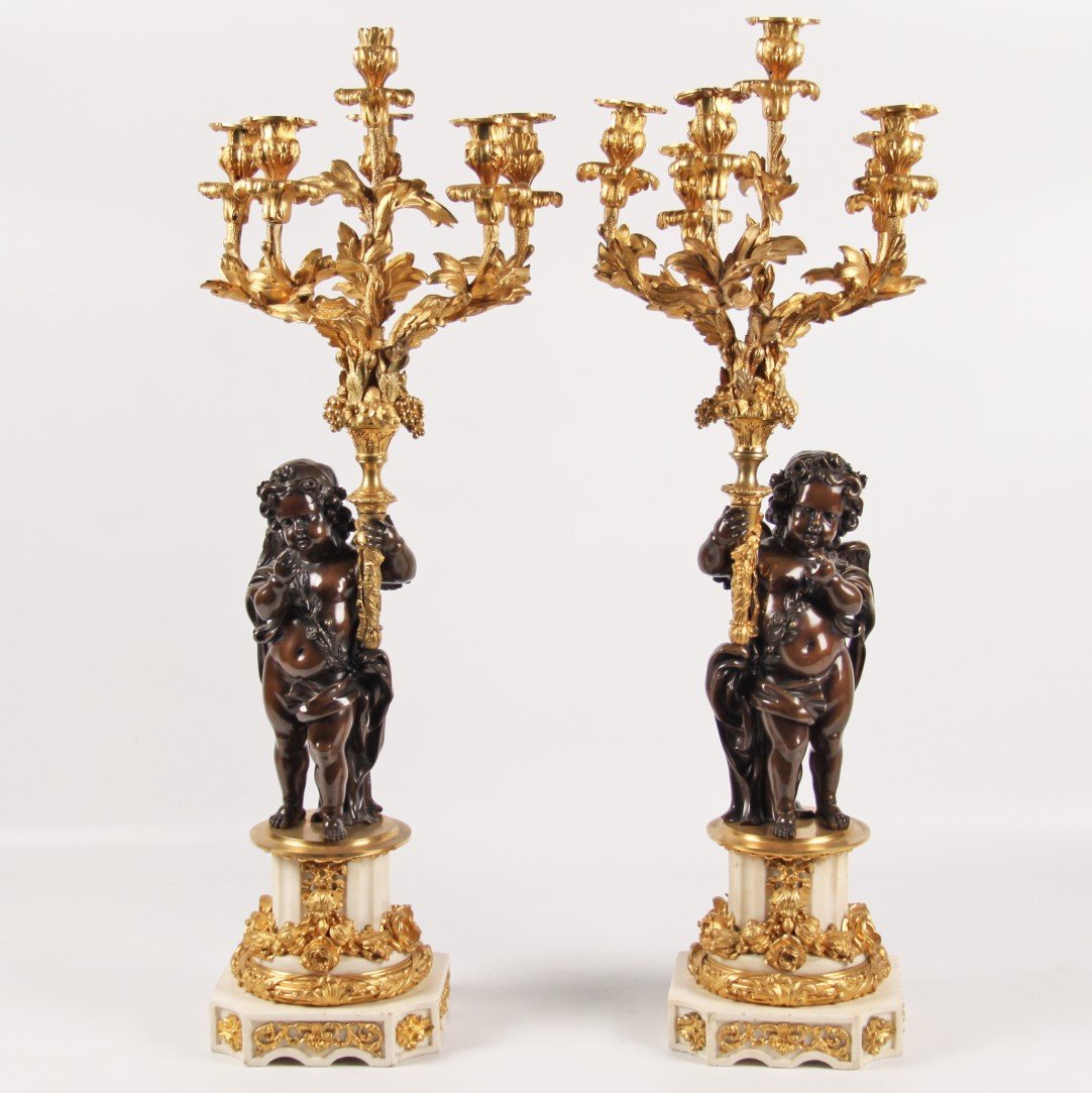 PAIR OF 36" BRONZE AND MARBLE 6 LIGHT CANDELABRA (1 of 4)