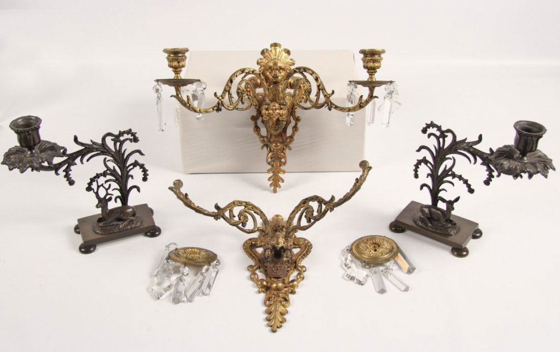 PR OF FRENCH BRONZE SCONCES AND BRONZE CANDLESTICKS (1 of 1)