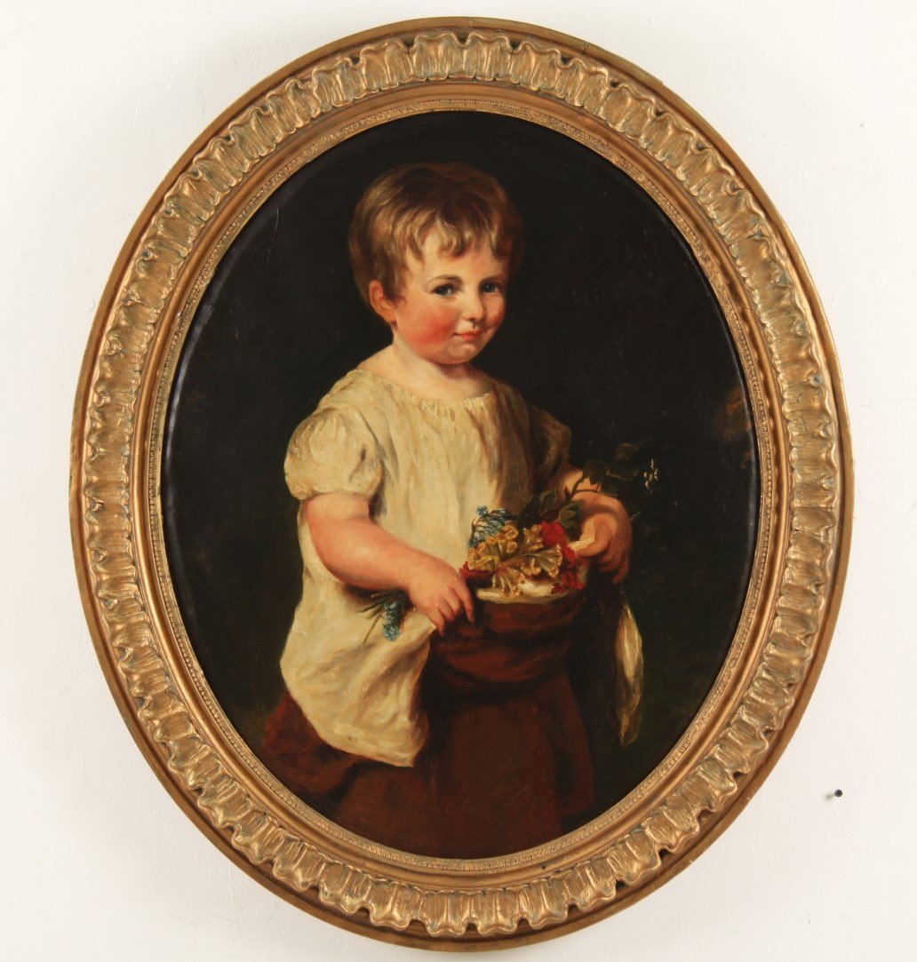 19TH C. O/C OVAL PAINTING OF YOUNG GIRL: 19TH C. OIL ON CANVAS OVAL PAINTING OF YOUNG GIRL CARRYING AN APRON FULL OF FLOWERS IN CARVED GILTWOOD ORIGINAL FRAME; 30"H X 25.75"W IMAGE, 38"H X 32.25"W OVERALL; CONDITION: "L" SHAPED TEAR, MIDDLE 