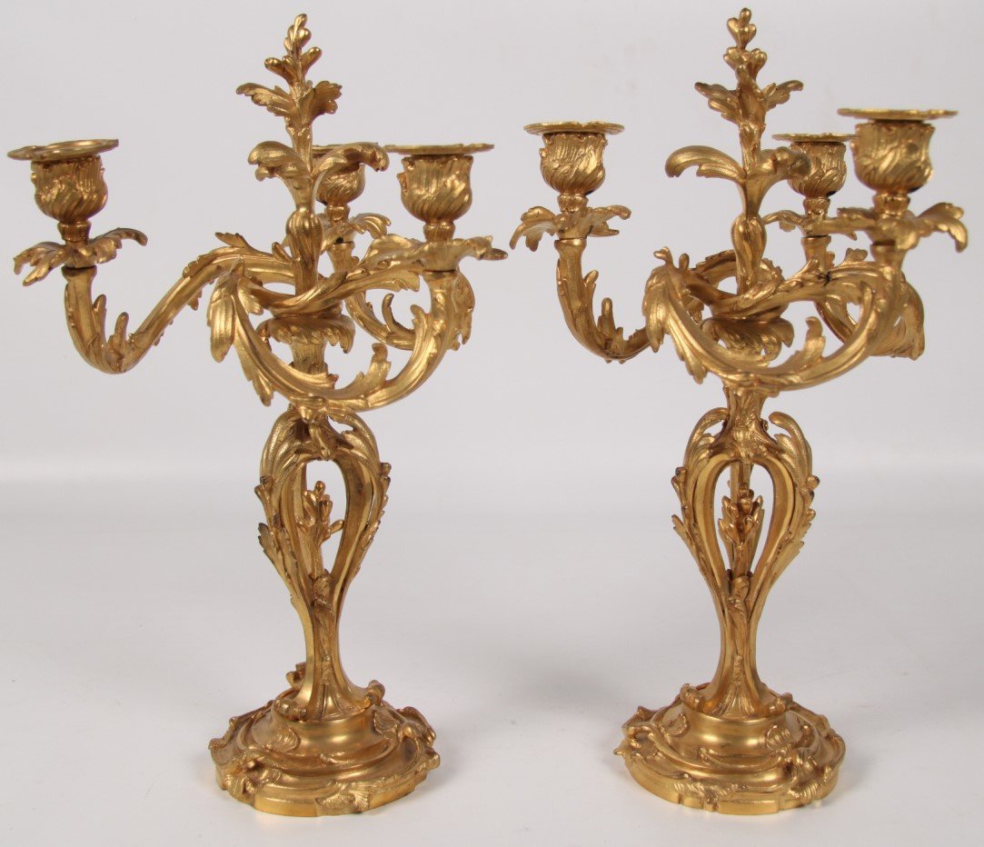 PAIR OF FRENCH BRONZE ORMOLU 3 LIGHT CANDELABRA (1 of 2)