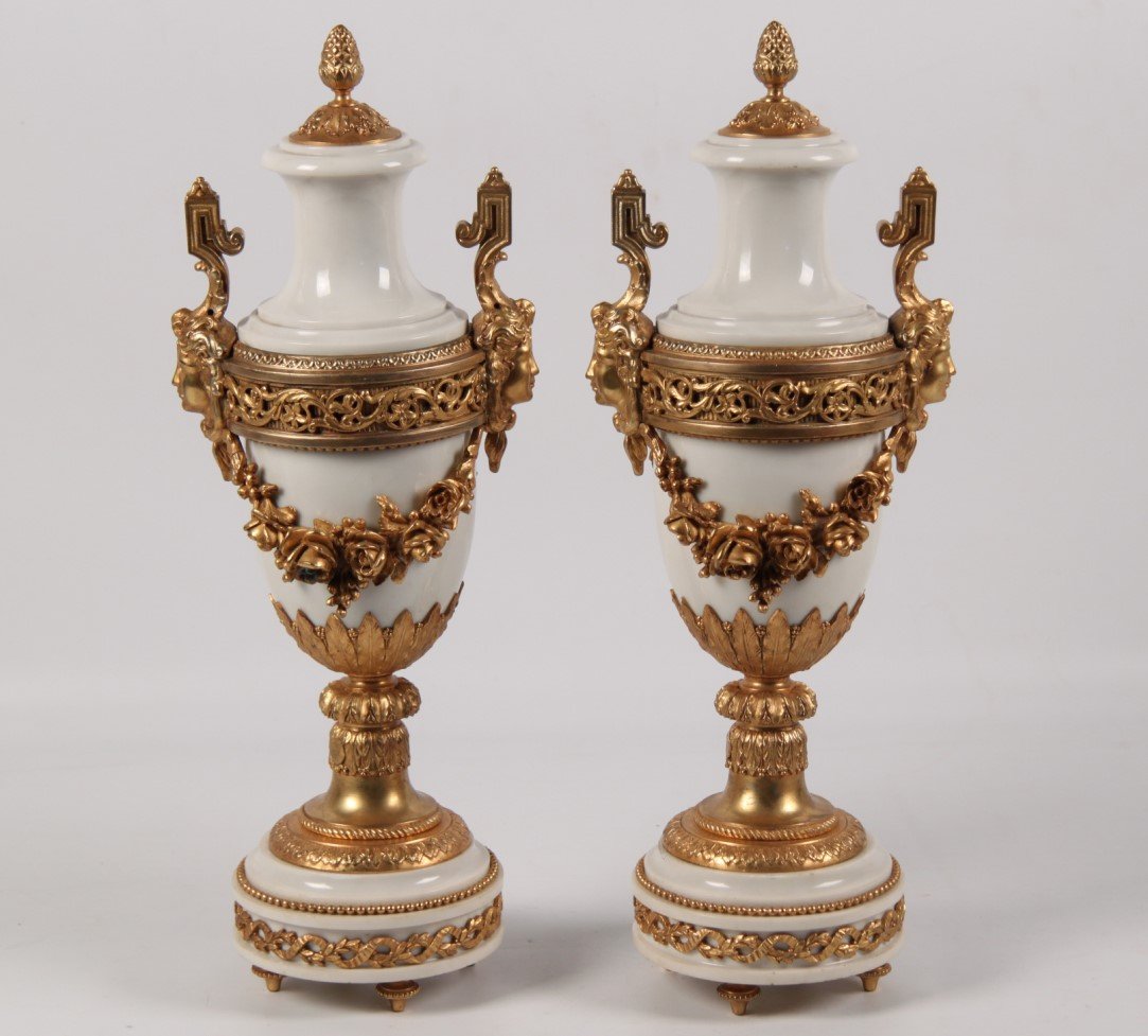 PAIR OF 19TH C. FRENCH WHITE MARBLE URNS (1 of 4)