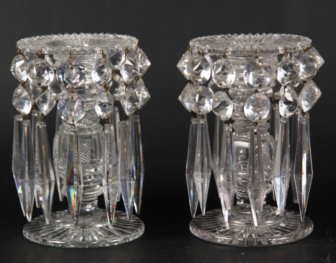 PAIR OF IRISH CUT LEADED CRYSTAL PRISMED LUSTERS: PAIR OF IRISH CUT LEADED CRYSTAL PRISMED LUSTERS WITH CROSS HATCH DESIGN COLUMN; 6"H X 4"W