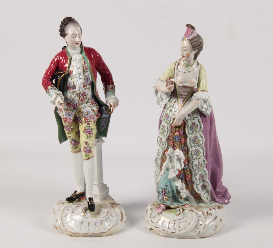 PAIR OF 17" DRESDEN PORCELAIN FIGURES (1 of 4)