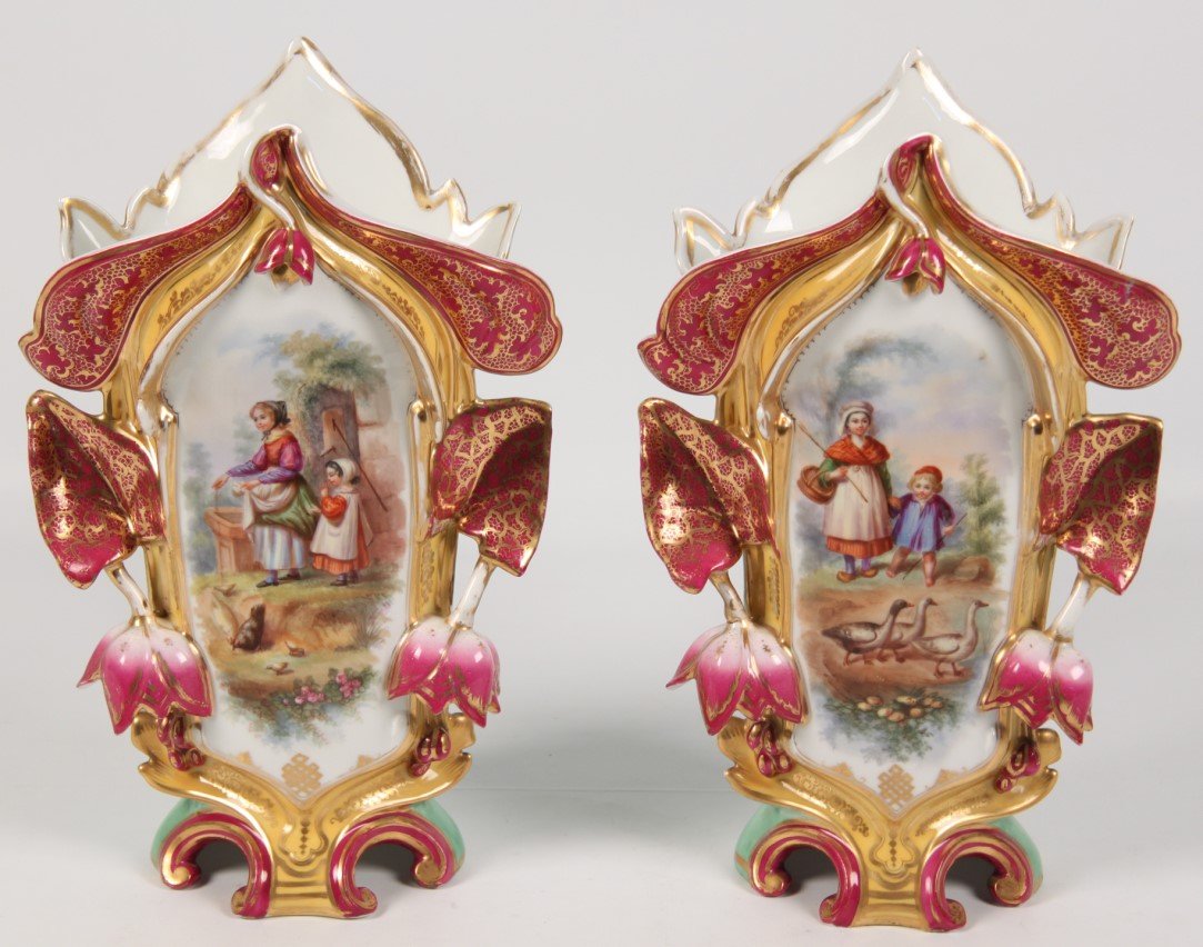 PAIR OF FRENCH OLD PARIS POLYCHROME VASES (1 of 3)