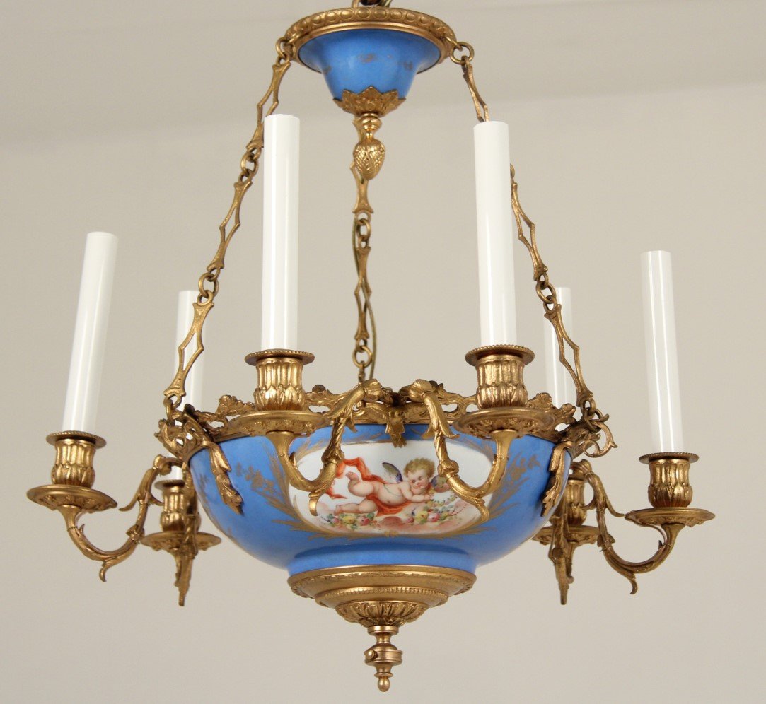 FRENCH SEVRES AND GILT BRONZE 6 LIGHT CHANDELIER (1 of 3)