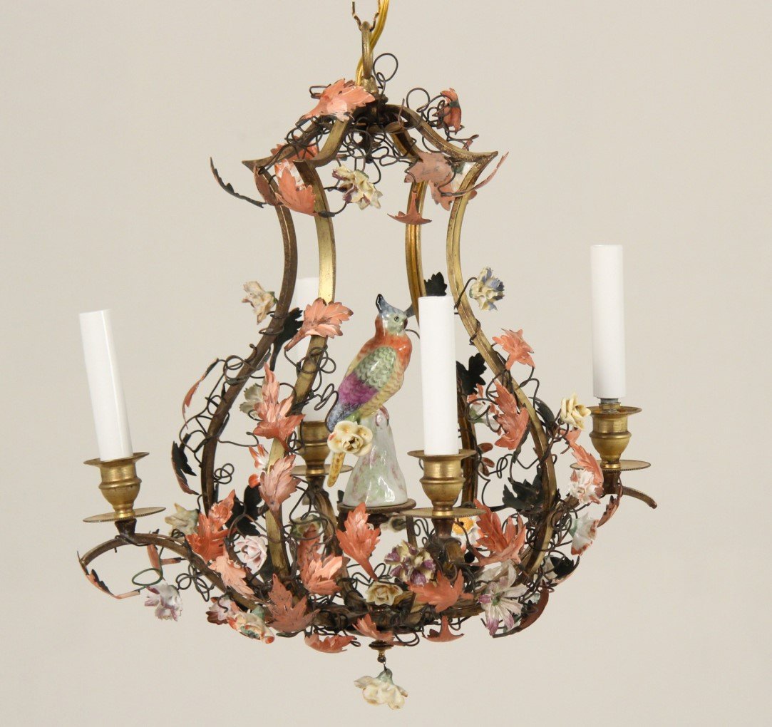 BRONZE, METAL AND PORCELAIN CHANDELIER (1 of 2)