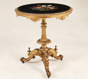 19TH C. ITALIAN PIETRA DURA MARBLE TOP TABLE: FINE WELL DOCUMENTED 19TH C. ITALIAN PIETRA DURA MARBLE TOP TABLE ON ORIGINAL CARVED ROCOCCO INFLUENCED GILT WOOD STAND HAVING MULTI-COLORED FLORAL MOSAIC WORK TOP ON BLACK MARBLE GROUND; TABLE MADE B