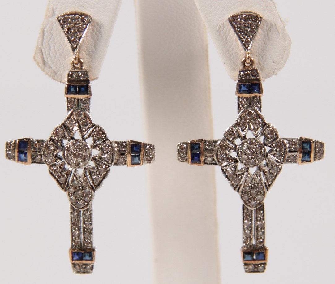 PAIR OF 18K DIAMOND AND BLUE SAPPHIRE CROSS EARRINGS (1 of 1)
