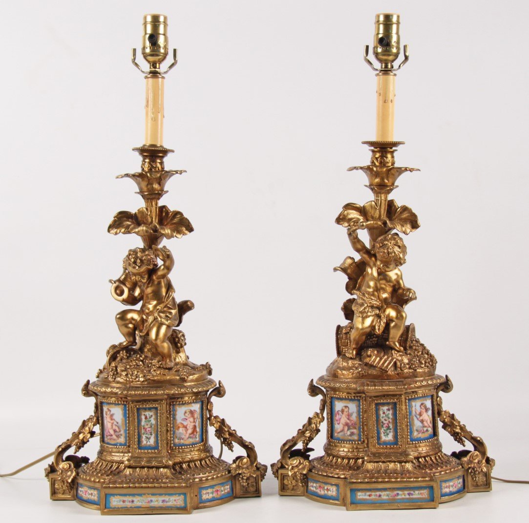 PAIR OF FRENCH GILT BRONZE AND SEVRES CANDLESTICKS (1 of 7)