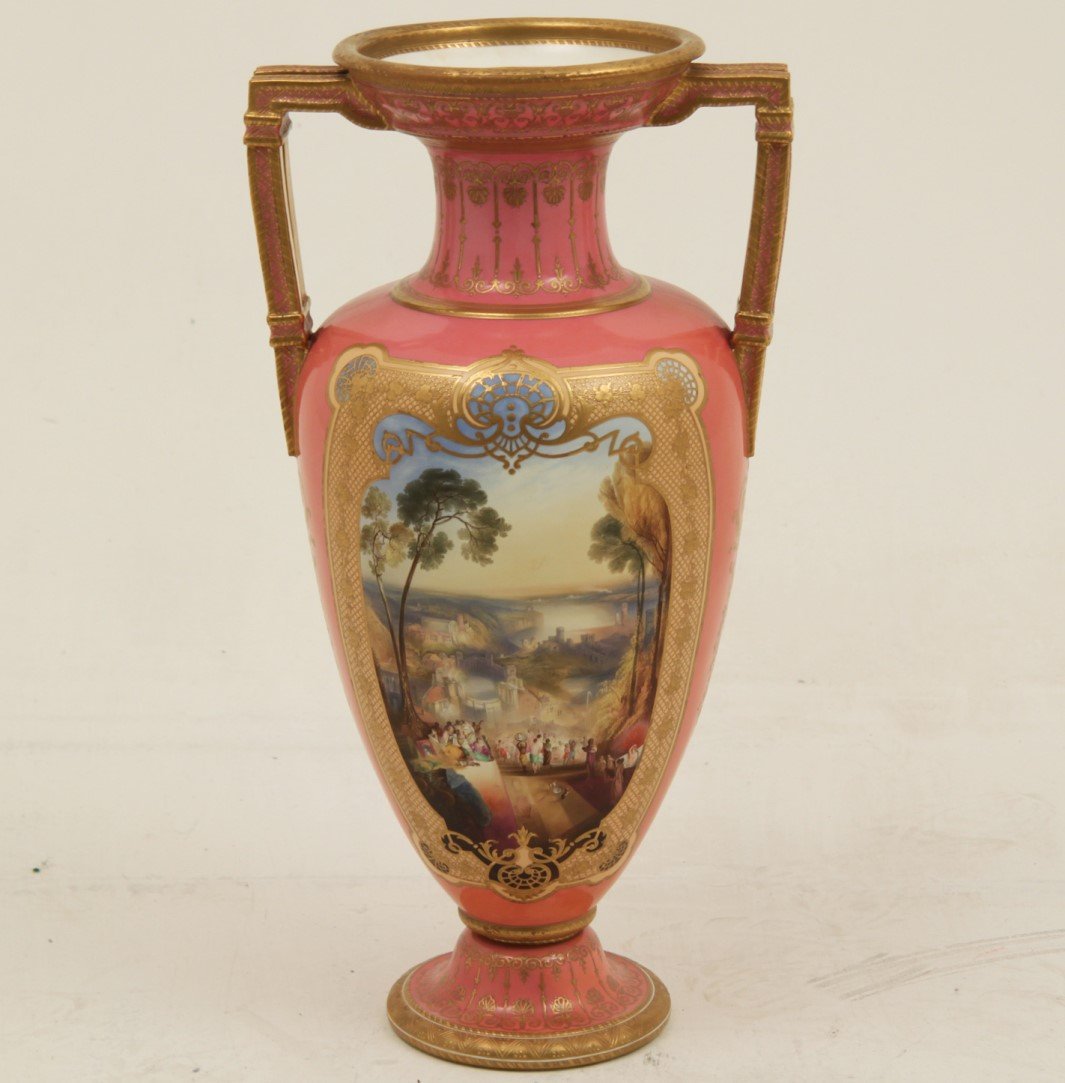 IMPRESSIVE 24" ENGLISH COPELAND PALACE VASE: IMPRESSIVE 24" ENGLISH COPELAND PINK GROUND AND FINELY TEXTURED GOLD PALACE VASE HAVING ITALIAN LANDSCAPE WITH FIGURES IN FOREGROUND HAND PAINTED VIGNETTE ENCOMPASSED BY A CROSSHATCH AND SHELL WITH GO