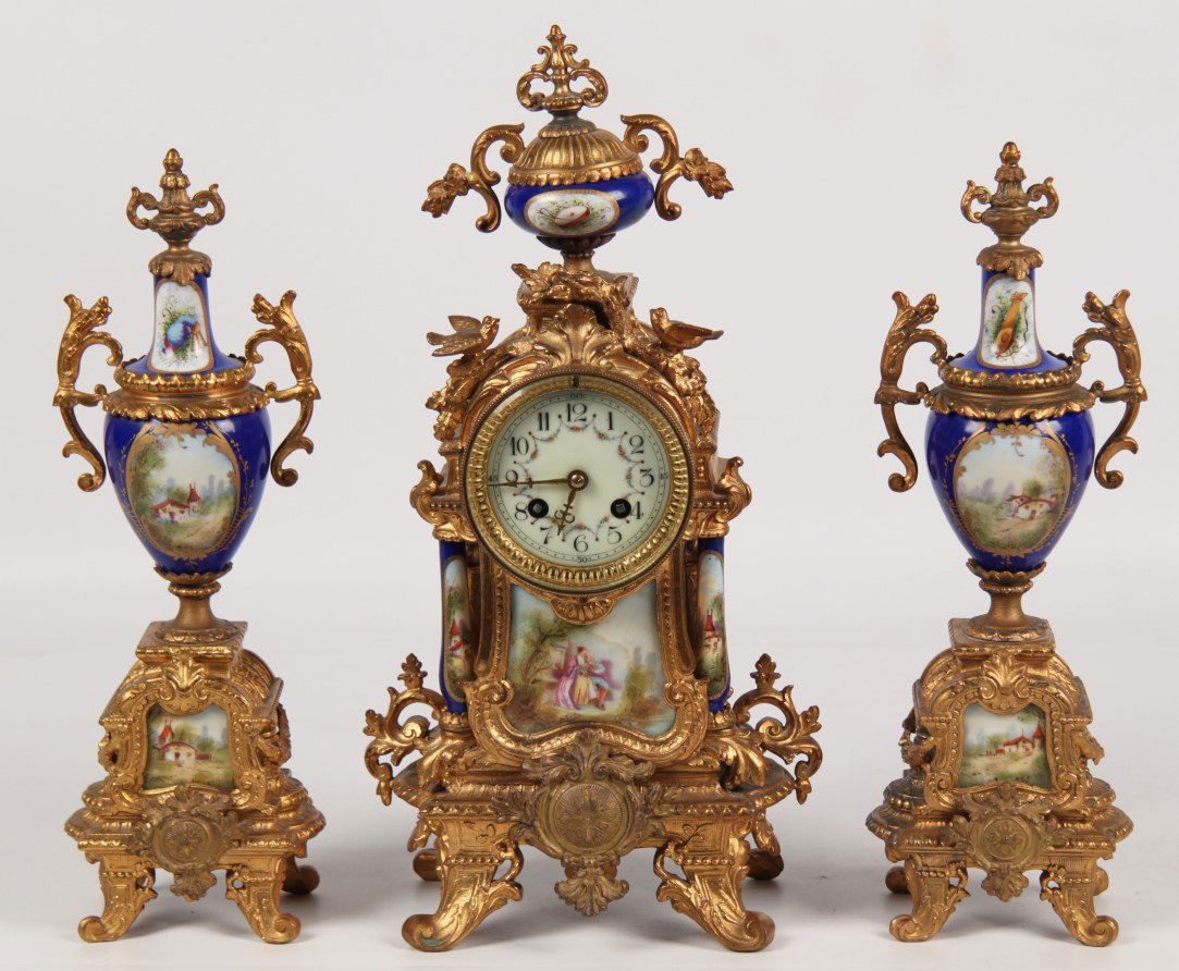3 PIECE FRENCH PATINATED GILT METAL CLOCK SET (1 of 5)