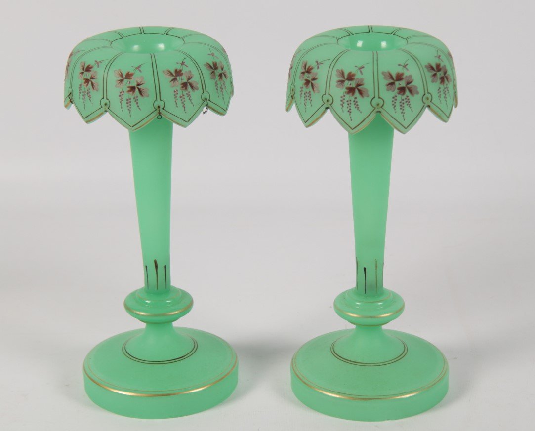 PAIR OF GREEN BOHEMIAN GLASS PRISM LUSTERS: PAIR OF GREEN BOHEMIAN GLASS PRISM LUSTERS; 12"H; CONDITION: CHIP TO BOTTOM RIM OF ONE, WIRES TO SOME PRISMS DETORIATED