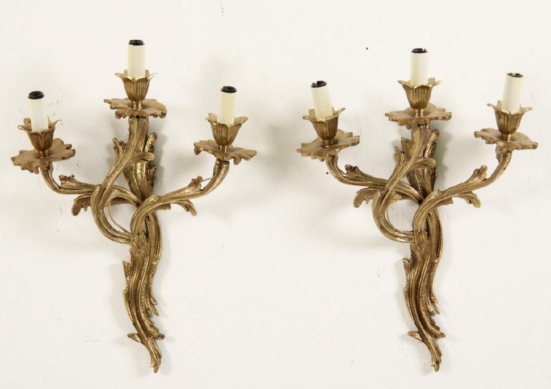 PAIR OF LOUIS XV STYLE GILT BRONNZE 3 LIGHT SCONCES (1 of 2)