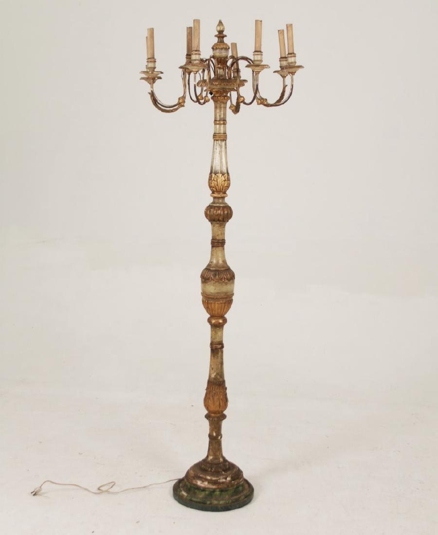 19TH C. ITALIAN 8 LIGHT TORCHIERE STAND: PAINTED ITALIAN 8 LIGHT TORCHIERE STAND, 19TH C., NOW ELECTRIFIED; 70"H X 24"W; CONDITION: LOSSES, CHIPS TO GESSO ESPECIALLY ON CANDELABRA ARMS