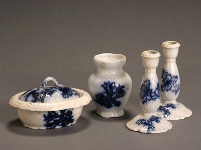 Pair of Flow Blue 'Azalia' Candlesticks, Vase and So: Pair of Flow Blue 'Azalia' Candlesticks, Vase and Soap Dish Probably by James Kent Chip to rim of soap dish lid. Height of candlesticks: 6-3/4 in