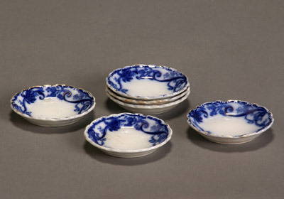 Set of Six Gilt Decorated Flow Blue Scalloped Edge: Set of Six Gilt Decorated Flow Blue Scalloped Edge Butter Pats One repaired. Diameter: 2-7/8 in