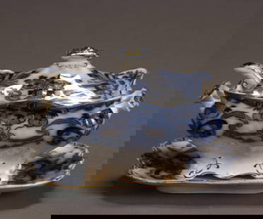 Burgess & Leigh Flow Blue 'Burleigh' Sauce Tureen a: Burgess & Leigh Flow Blue 'Burleigh' Sauce Tureen and Undertray Height of tureen: 6 in; Length of undertray: 8-1/4 in