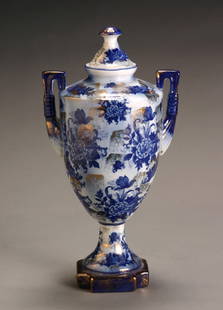 English Gilt Decorated Blue Transfer Decorated Cove: English Gilt Decorated Blue Transfer Decorated Covered Urn Height: 17-1/2 in