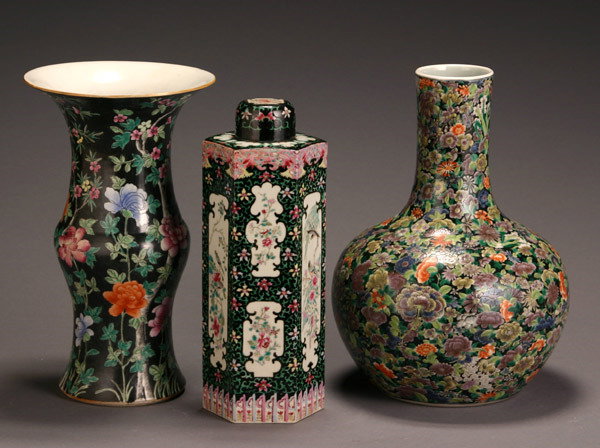 Two Chinese 'Famille Noire' Vases and a Canister Gu